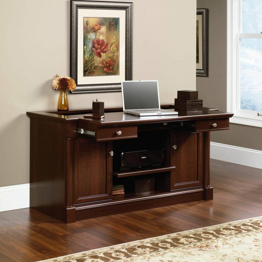 Sauder Palladia Credenza Desk in Select Cherry Finish - Modern Cherry Wood Home Office Furniture by Sauder