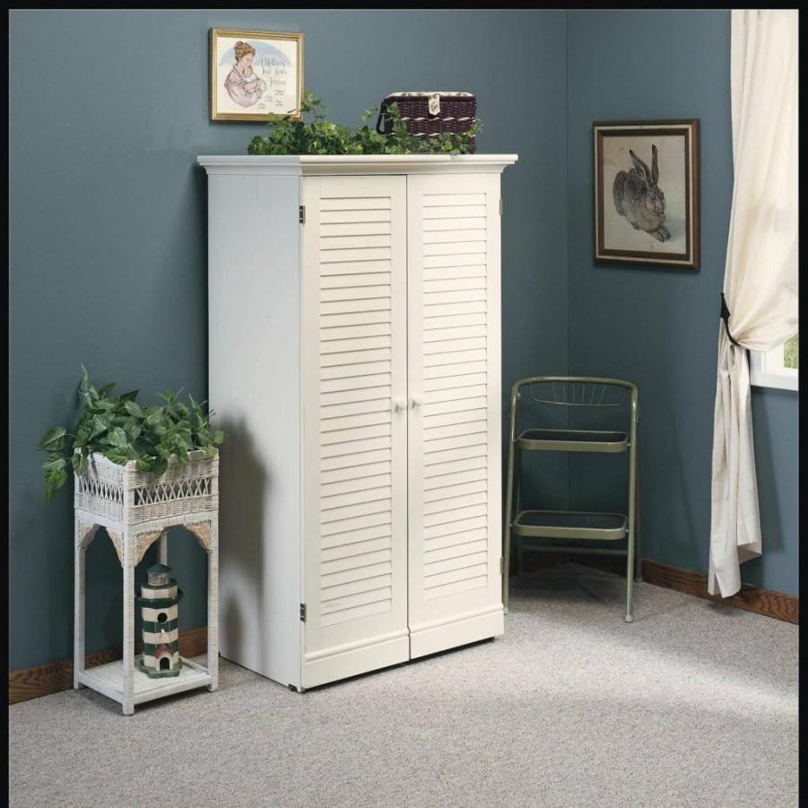 Sauder White Harbor View Craft Sewing Armoire with Drop-Leaf Table and Storage Cabinets, 35.12" Wide x 21.81" Deep x 61.58" Tall