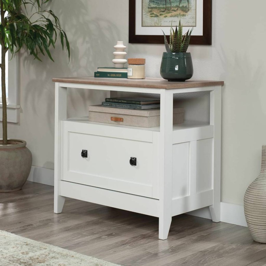 Sauder August Hill 1-Drawer Legal Size Filing Cabinet with Open Shelf in Soft White Finish - Compact Home Office Storage Solution