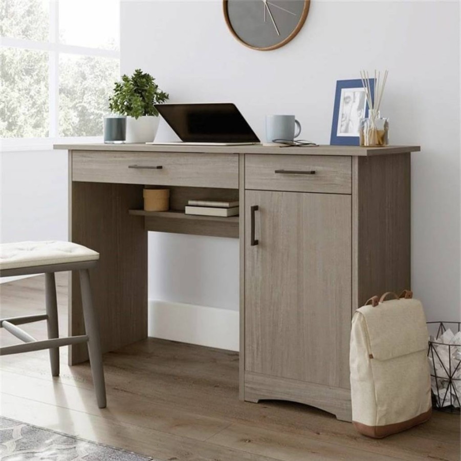 Sauder Summer Oak Study Desk with Storage Drawers - Compact Writing Desk for Bedroom or Home Office