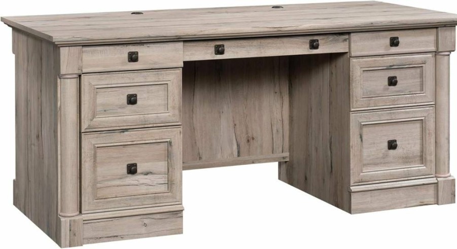 Sauder Palladia Executive Office Desk with File Cabinet, Keyboard Tray & Cable Management in Split Oak Finish