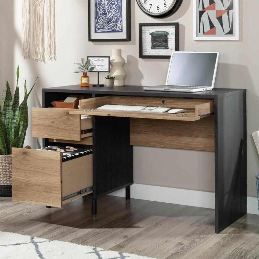 Sauder Acadia Way Single Pedestal Desk in Raven Oak Finish - Stylish Home Office Furniture