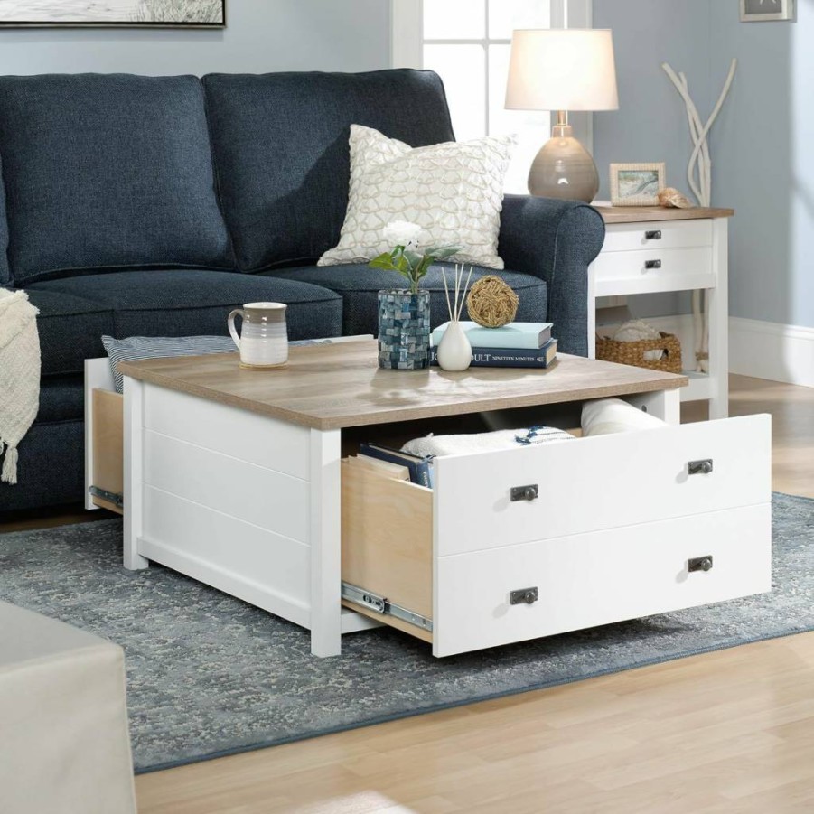 Sauder Cottage Road Coffee Table in Soft White Finish - Stylish Living Room Furniture