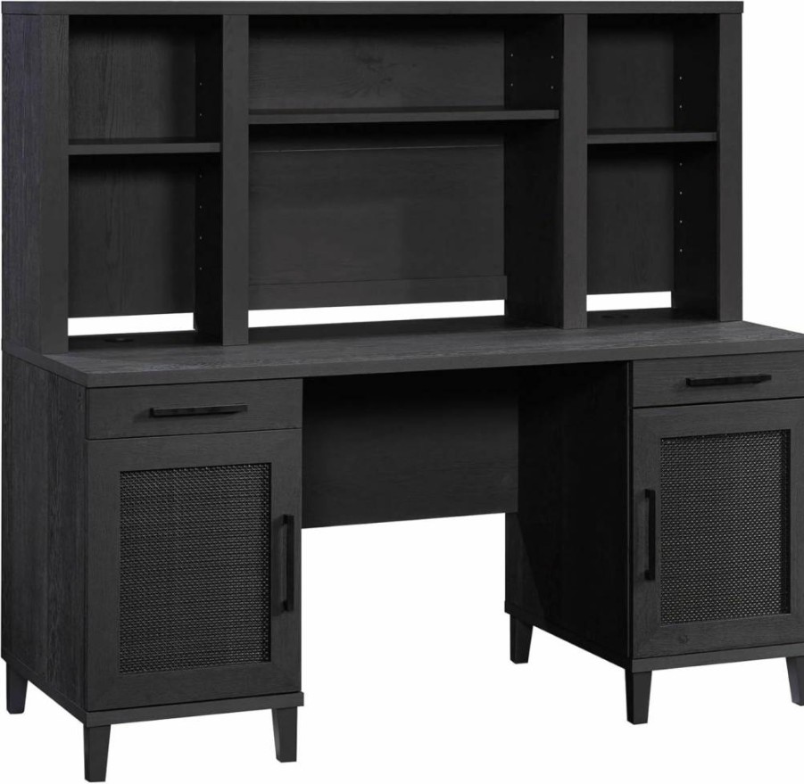 Sauder Tiffin Line Computer Desk with Hutch in Raven Oak Finish - Stylish Home Office Furniture