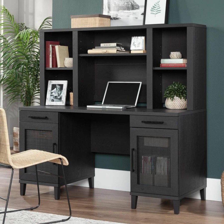 Sauder Tiffin Line Computer Desk with Hutch in Raven Oak Finish - Stylish Home Office Furniture