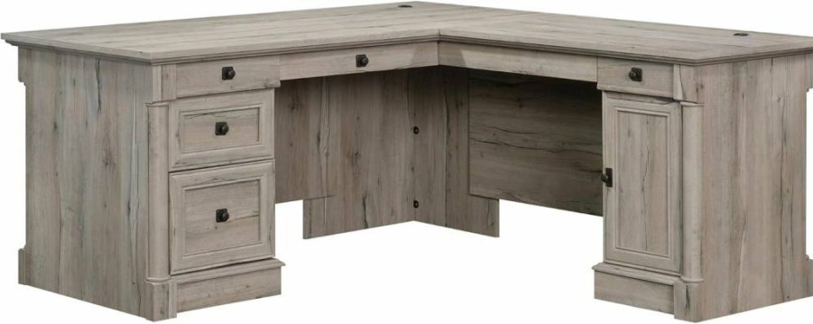 Sauder Palladia L-Shaped Office Desk with File Cabinet, Keyboard Tray & Cable Management in Split Oak Finish