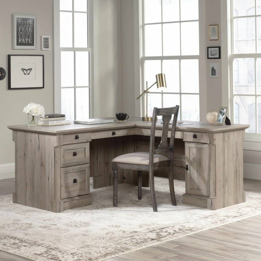 Sauder Palladia L-Shaped Office Desk with File Cabinet, Keyboard Tray & Cable Management in Split Oak Finish