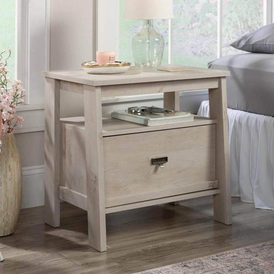 Sauder Trestle Night Stand with Timber Oak Finish - Modern Bedside Table for Bedroom Storage