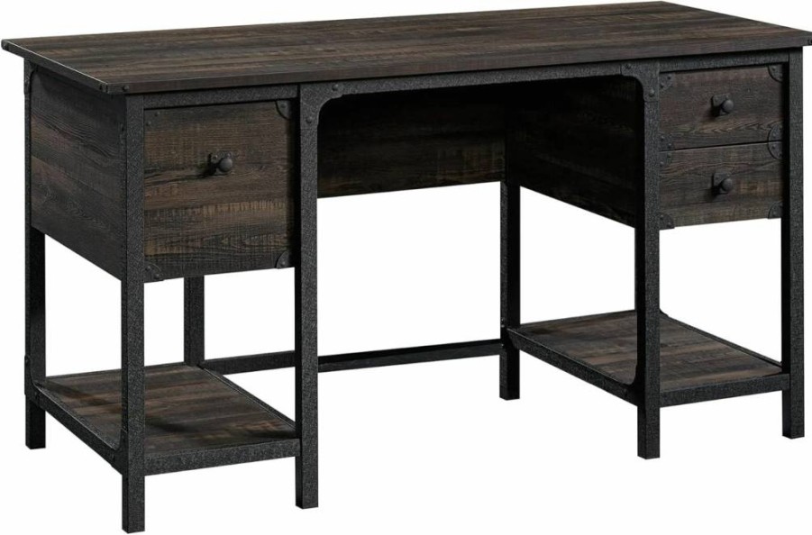 Sauder Carbon Oak Double Pedestal Desk 54" x 23.5" Steel River Collection Home Office Workstation