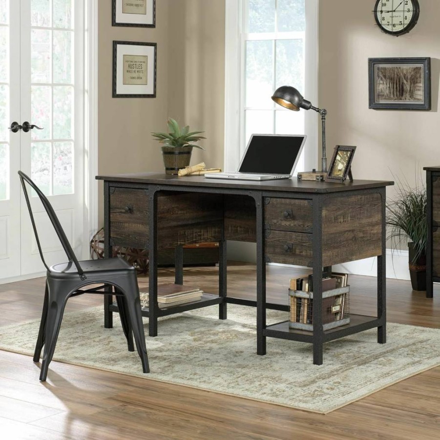 Sauder Carbon Oak Double Pedestal Desk 54" x 23.5" Steel River Collection Home Office Workstation