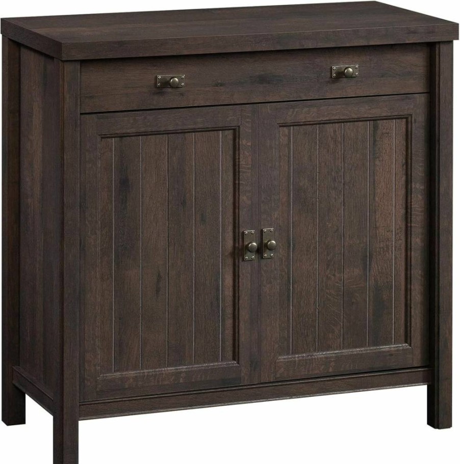 Sauder Costa Coastal Cottage Library Base Cabinet - Chalked Chestnut Finish, Office & Entryway Storage Organizer