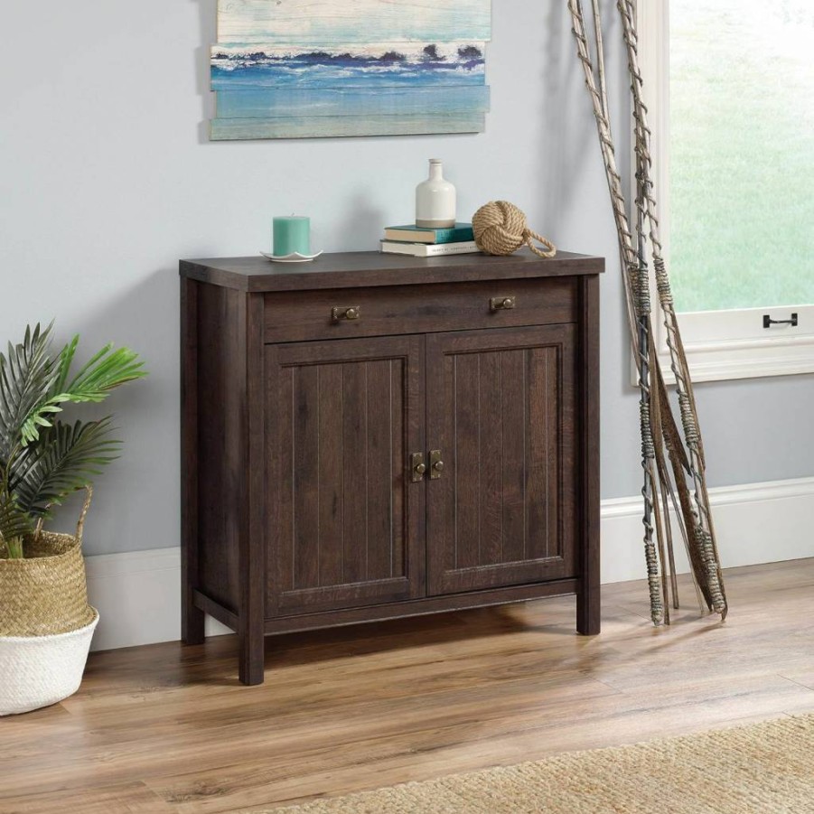 Sauder Costa Coastal Cottage Library Base Cabinet - Chalked Chestnut Finish, Office & Entryway Storage Organizer