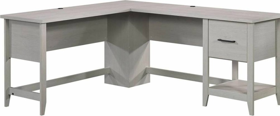 Sauder Glacier Oak L-Shaped Corner Desk with Drawer and Storage Shelf for Home Office