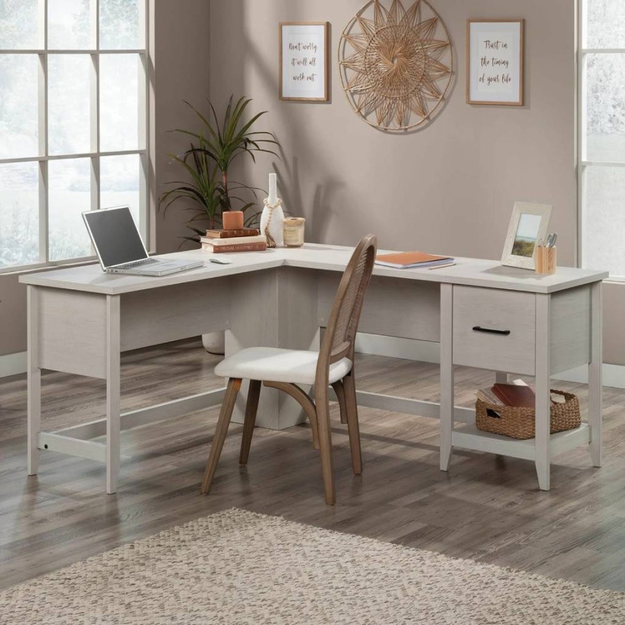 Sauder Glacier Oak L-Shaped Corner Desk with Drawer and Storage Shelf for Home Office