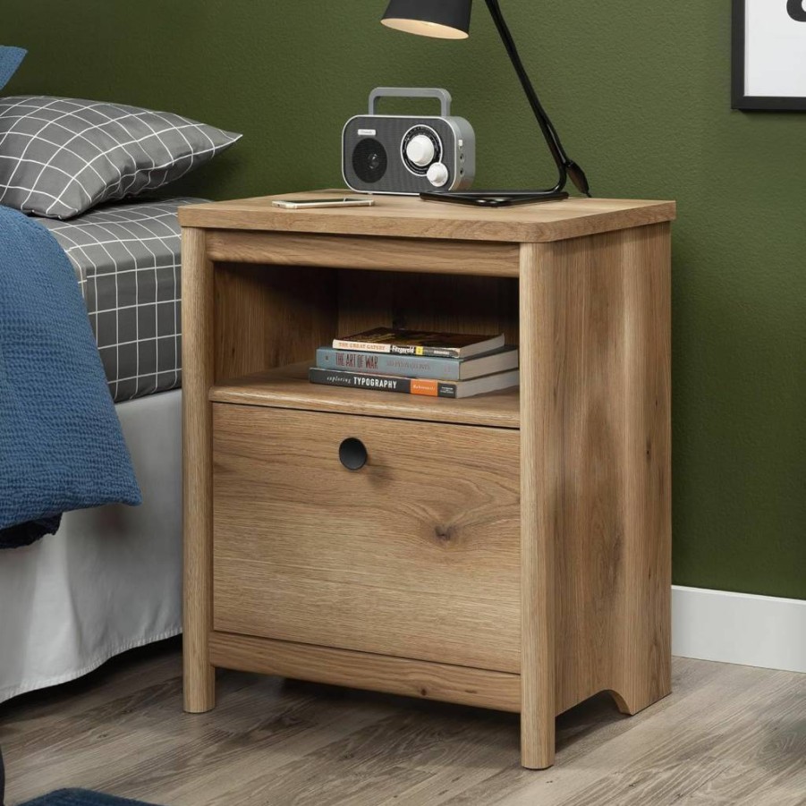 Sauder Dover Night Stand with Edge Design in Denim Oak Finish - Compact Bedside Table with Storage
