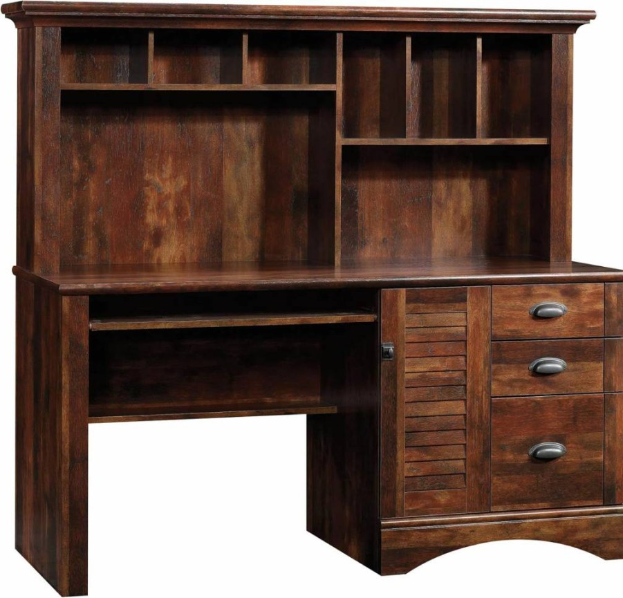 Sauder Salt Oak Home Office Desk with Hutch & Keyboard Tray - Harbor View Computer Workstation
