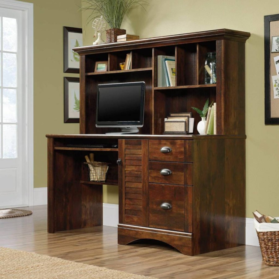 Sauder Salt Oak Home Office Desk with Hutch & Keyboard Tray - Harbor View Computer Workstation