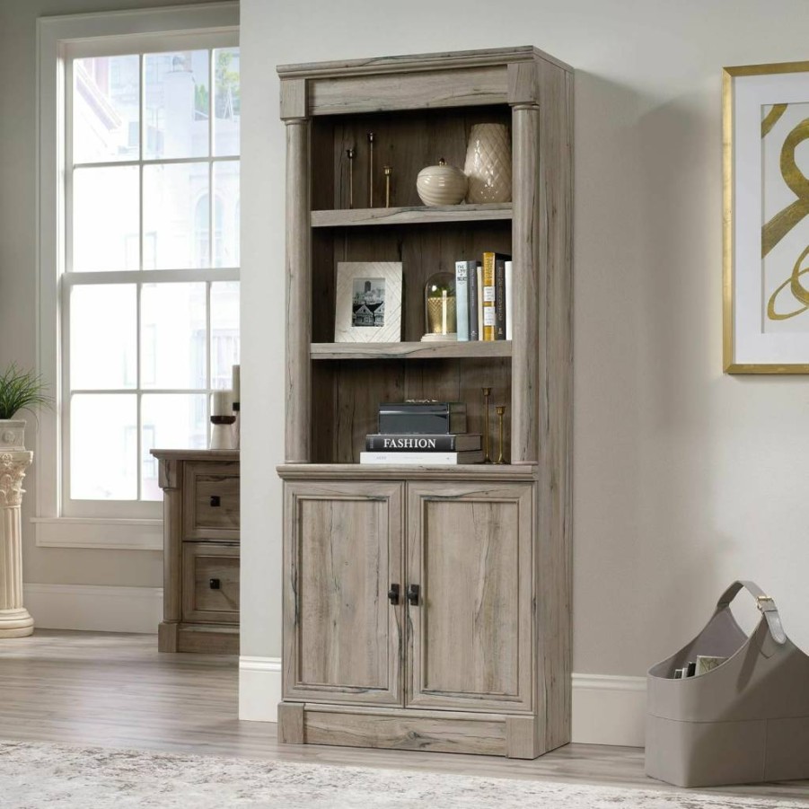 Sauder Palladia Bookcase with Doors, Adjustable Shelves & Storage in Glacier Oak Finish | Modern Library Bookshelf