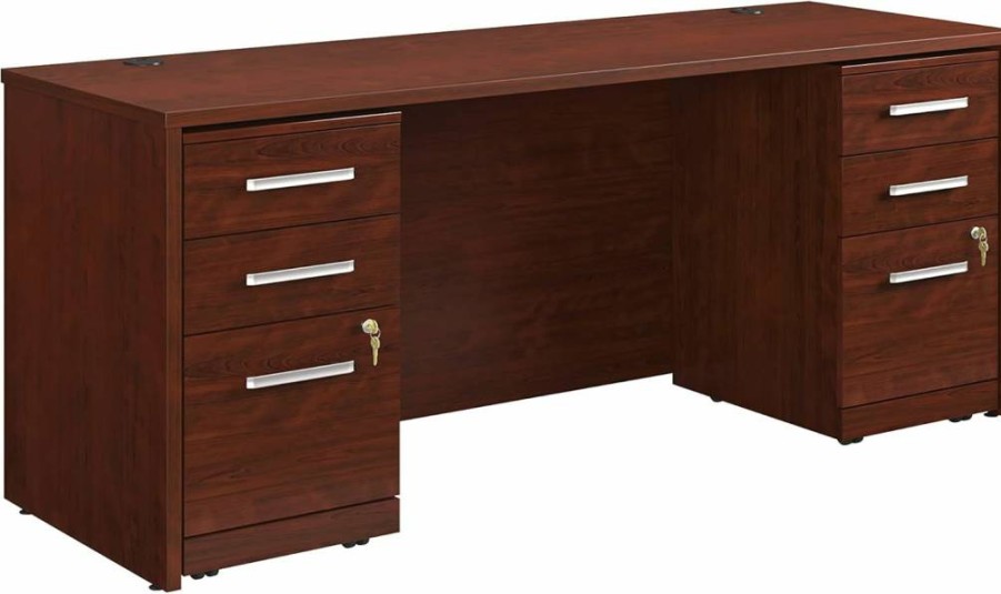 OFFICE WORKS BY SAUDER 72" x 24" She 3-Drawer Pedestal Desk in Classic Cherry Finish - Sturdy Office Storage Solution