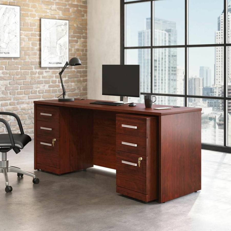 OFFICE WORKS BY SAUDER 72" x 24" She 3-Drawer Pedestal Desk in Classic Cherry Finish - Sturdy Office Storage Solution