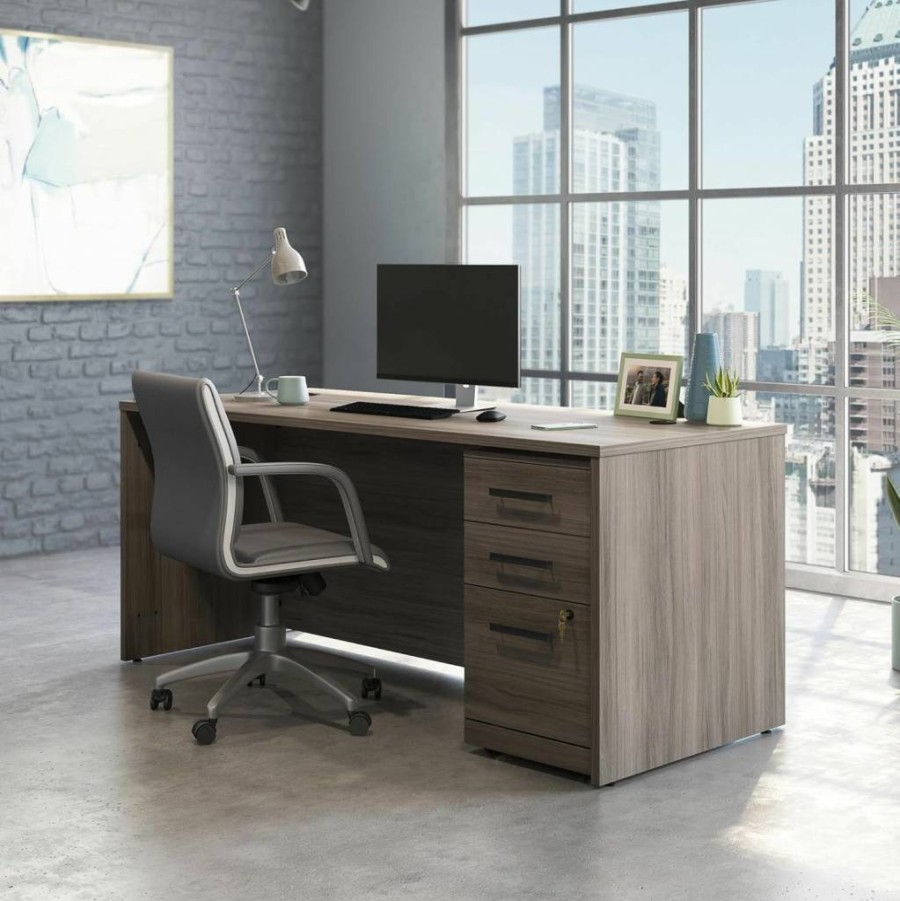 Sauder Officeworks 72" Classic Cherry 3-Drawer Pedestal Desk with Storage, 71.1" L x 29.5" W x 29.3" H