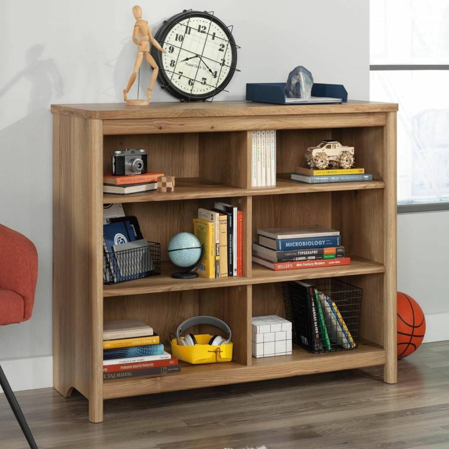 Sauder Dover Edge Storage Cabinet with Cubby Shelves, Timber Oak Finish Bookcase Pantry Organizer