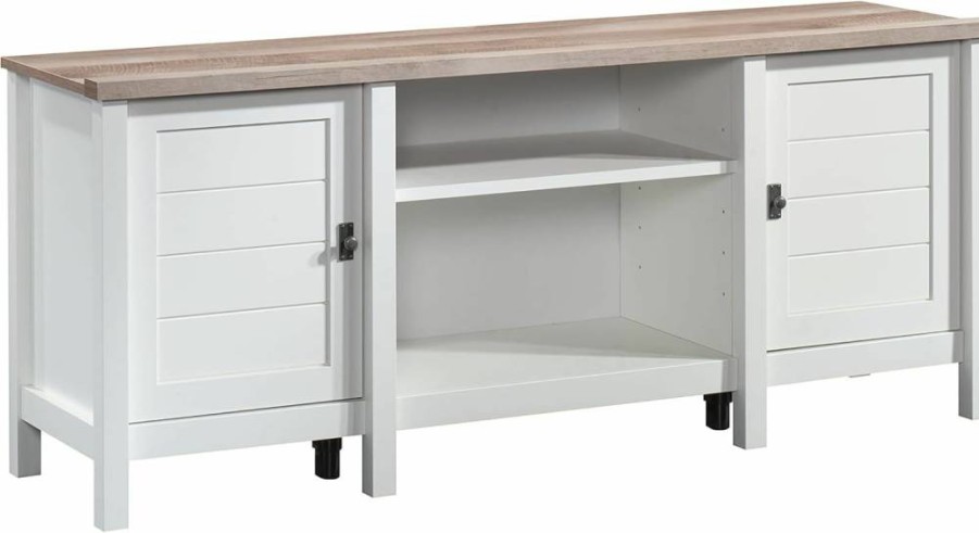 Sauder Cottage Road 65" TV Stand with Doors, Soft White Finish Credenza for Living Room Storage