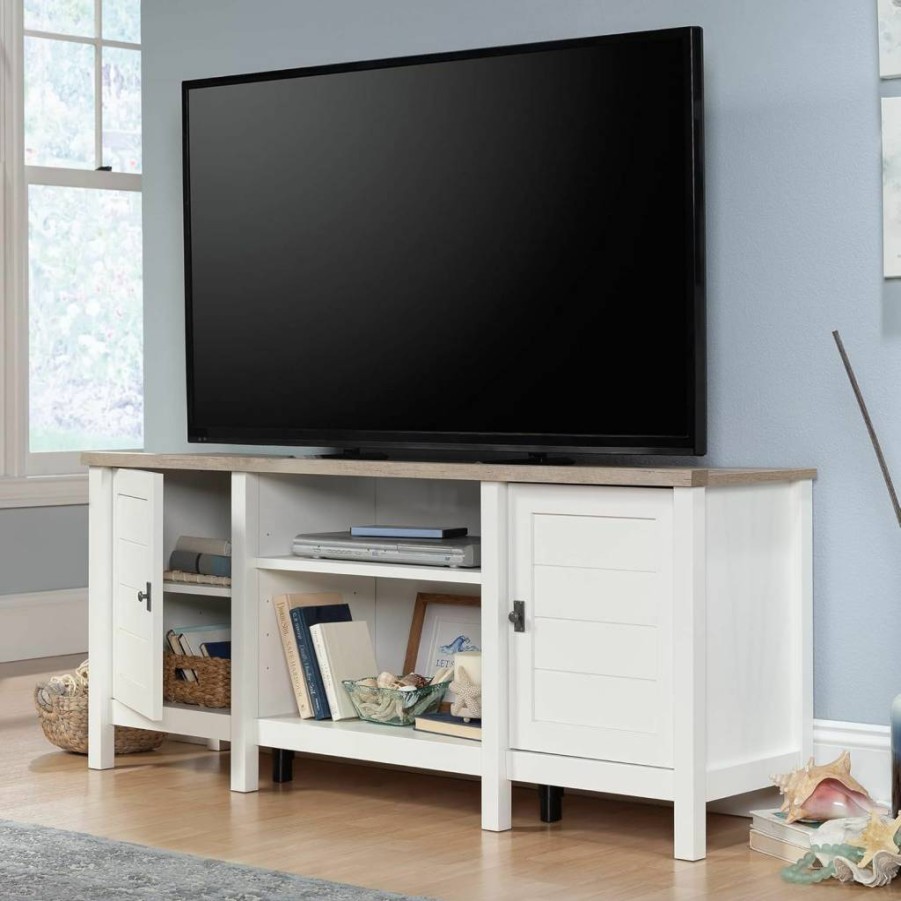 Sauder Cottage Road 65" TV Stand with Doors, Soft White Finish Credenza for Living Room Storage