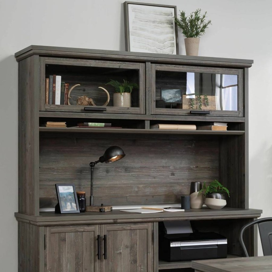Sauder Aspen Post Hutch Desk with Storage in Pebble Pine Finish - Stylish Home Office Furniture