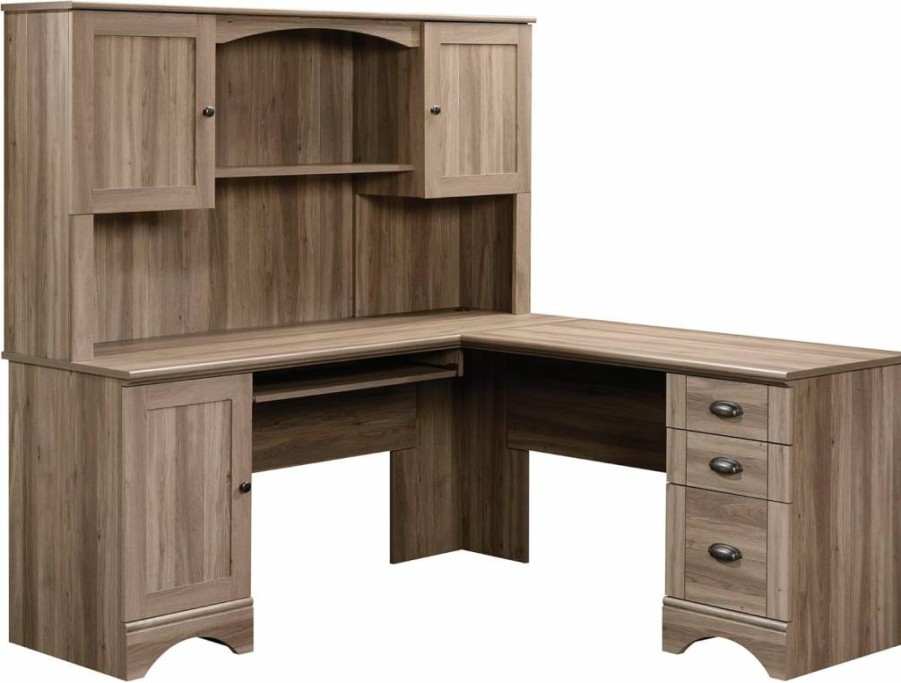 Sauder Salt Oak Harbor View Corner Hutch Desk with Storage Shelves