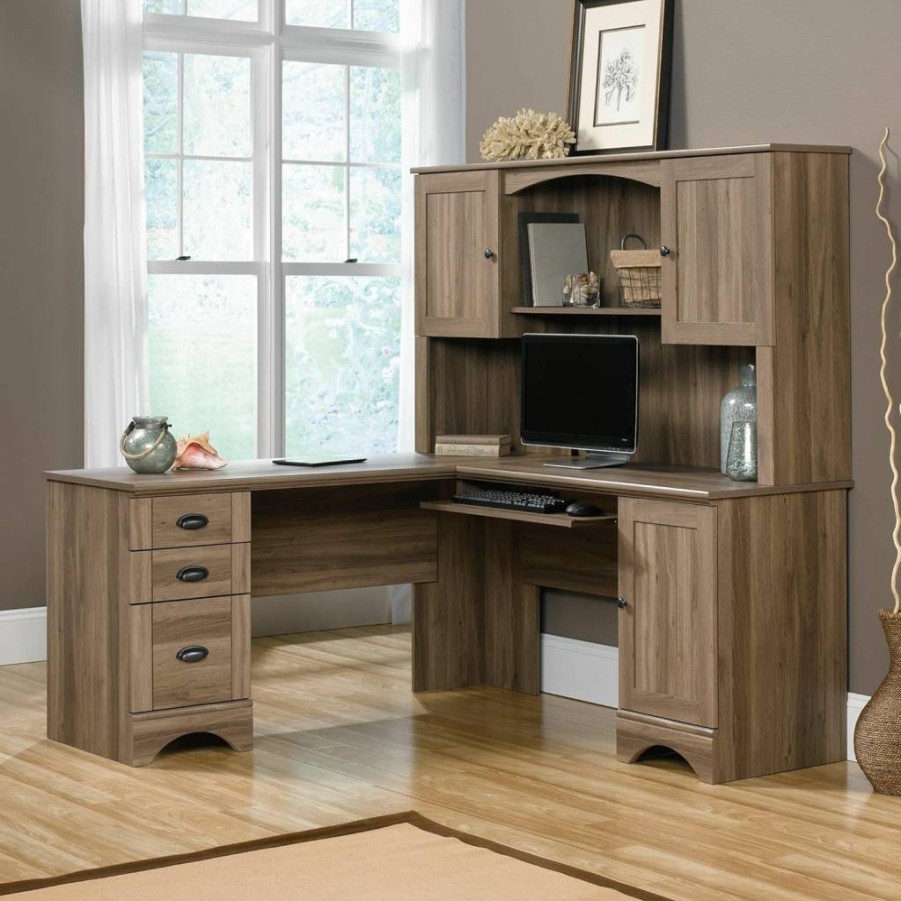 Sauder Salt Oak Harbor View Corner Hutch Desk with Storage Shelves