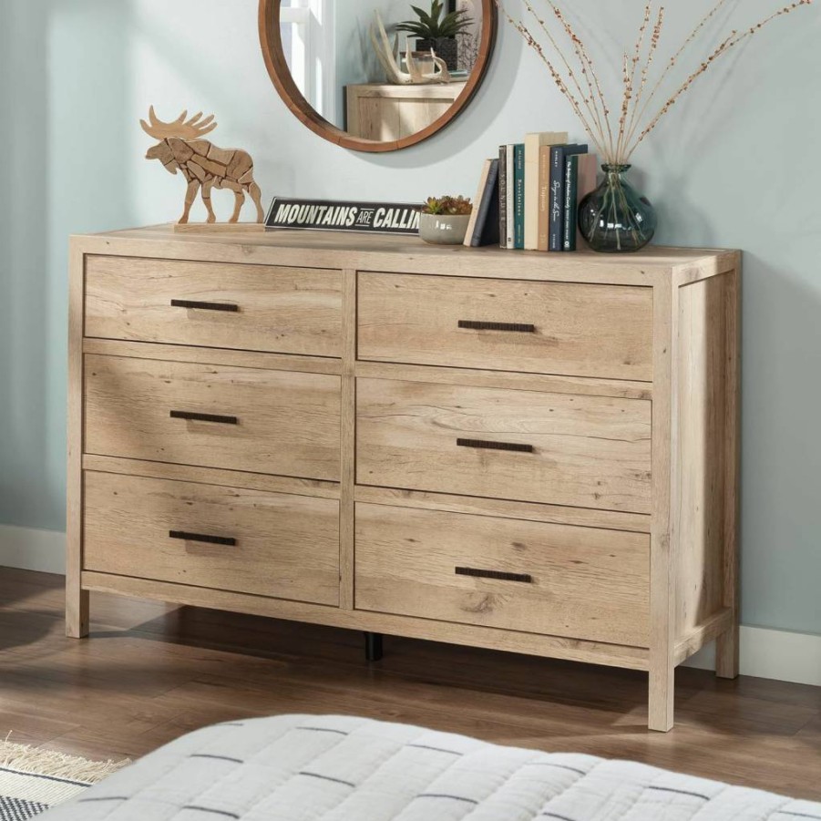 Sauder Pacific View 6-Drawer Dresser in Prime Oak Finish - Stylish Bedroom Storage Solution