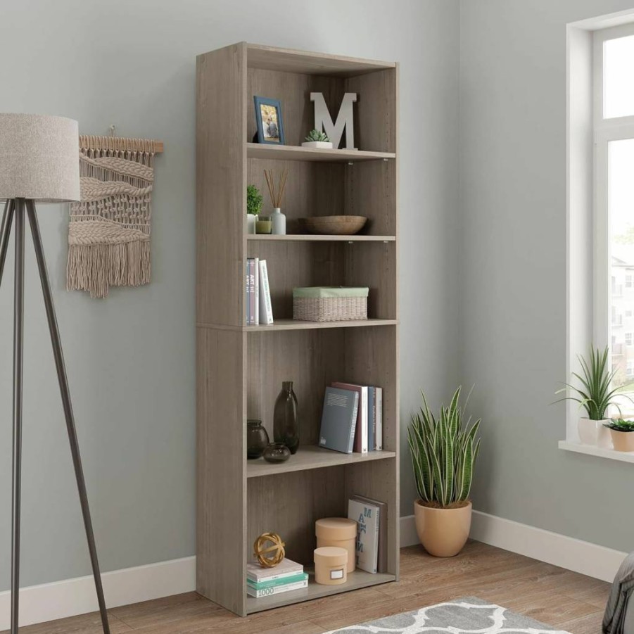 Sauder Beginnings 5-Shelf Bookcase in Highland Oak - Adjustable Storage Shelves, 24.57" Width x 11.50" Depth x 71.18" Height, Modern Bookshelf for Home & Office
