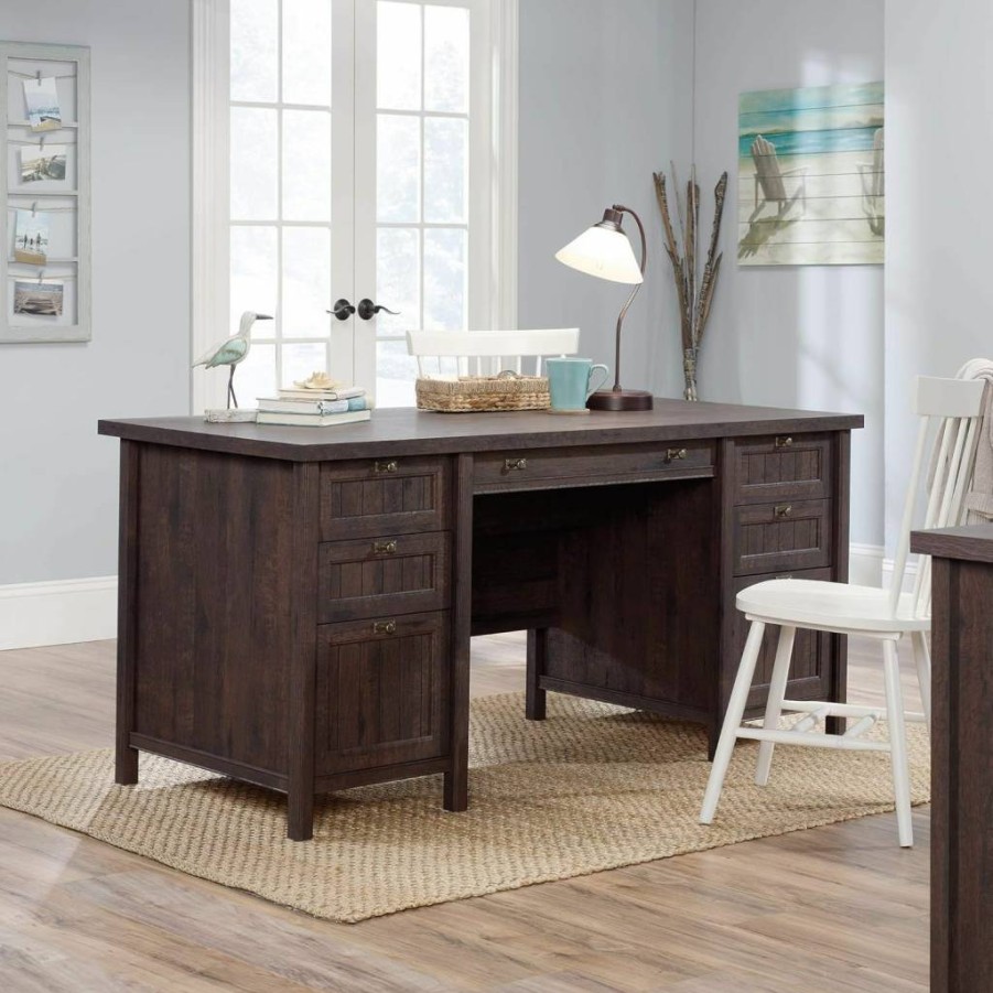 Sauder Costa Executive Office Desk with File Drawer and Storage, Chalked Chestnut Finish