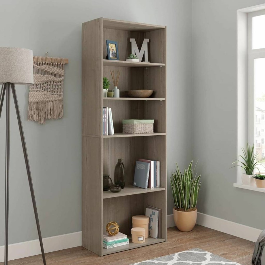 Sauder Beginnings 5-Shelf Adjustable Bookcase in Silver Sycamore - Versatile Storage Shelf for Home & Office