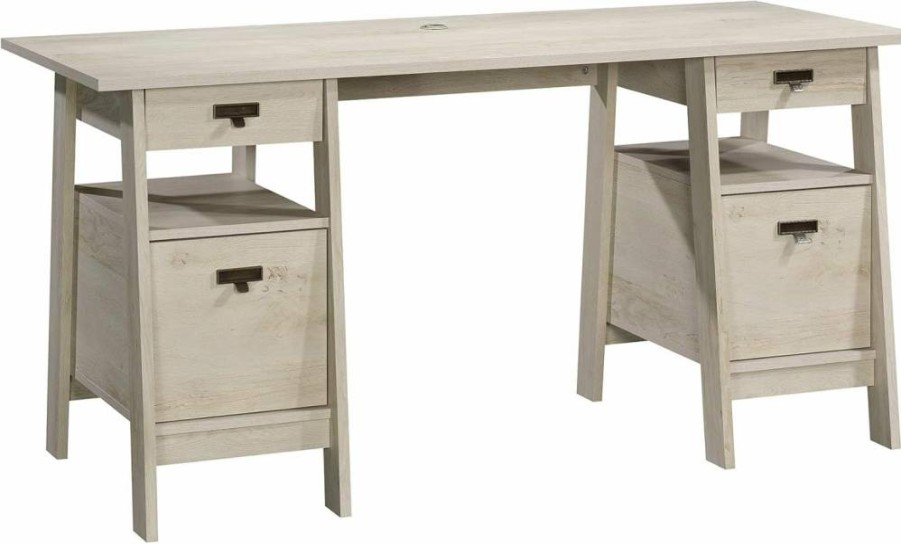 Sauder Mystic Oak Executive Desk with Drawers, File Cabinet, Shelves & Cable Management - Trestle Office Writing Desk