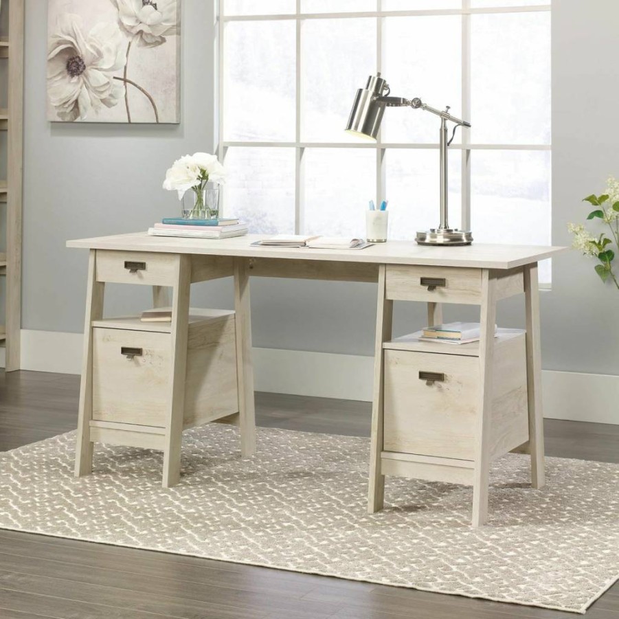 Sauder Mystic Oak Executive Desk with Drawers, File Cabinet, Shelves & Cable Management - Trestle Office Writing Desk