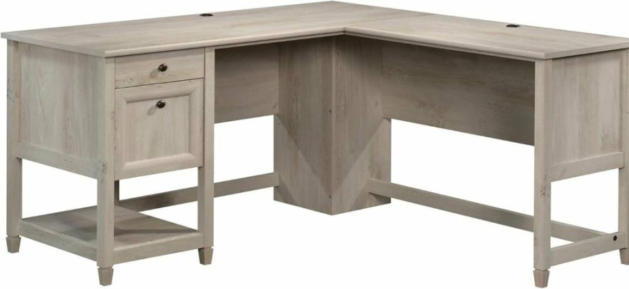 Sauder Chalked Chestnut L-Shaped Corner Desk with Storage Drawers and Open Shelf, Compact Home Office Furniture