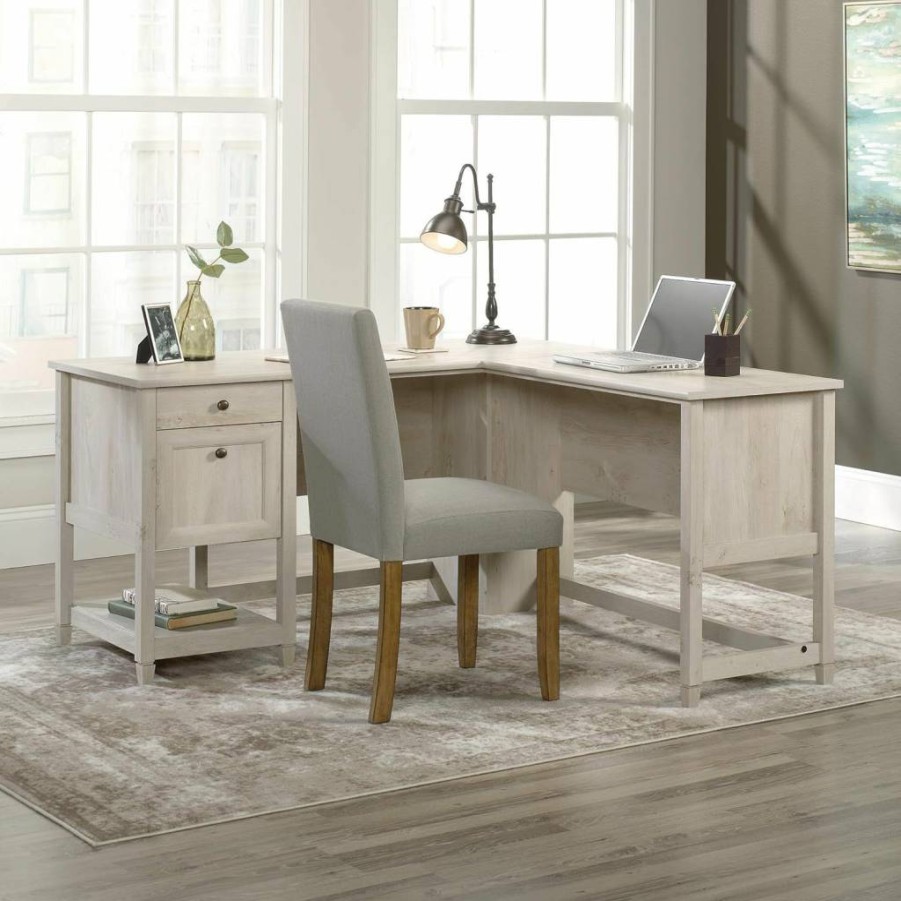 Sauder Chalked Chestnut L-Shaped Corner Desk with Storage Drawers and Open Shelf, Compact Home Office Furniture