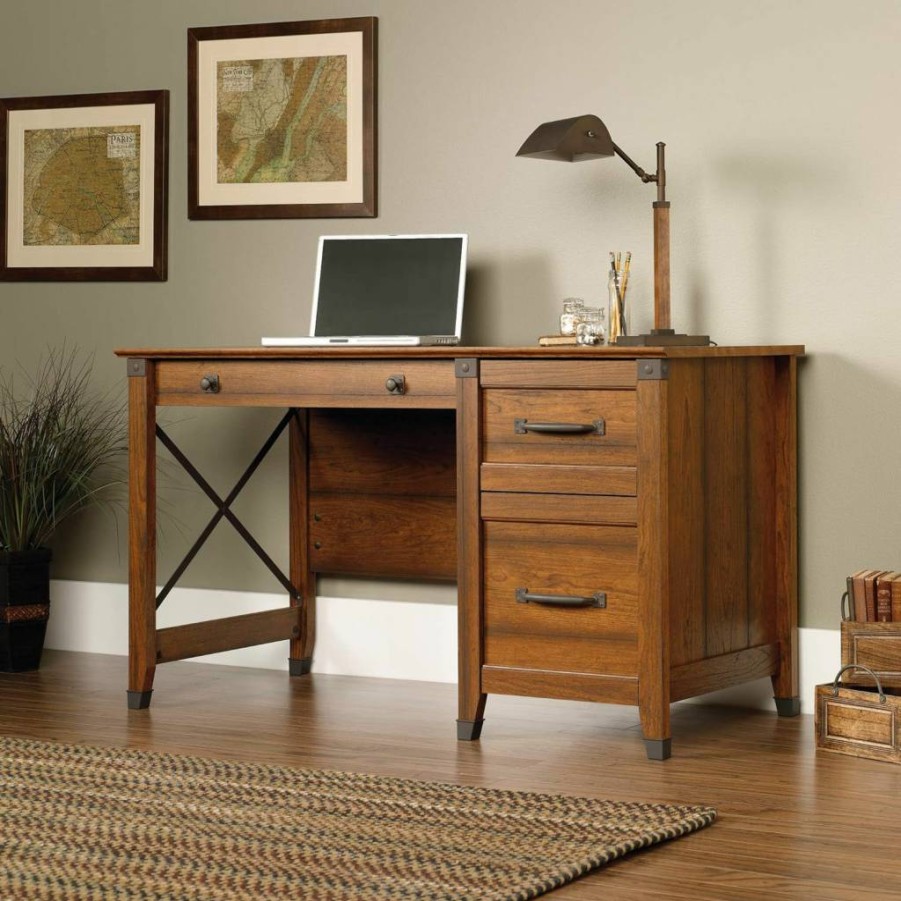 Sauder Carson Forge Rustic Coffee Oak Computer Desk with Drawers for Home Office