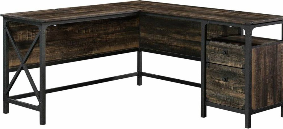 Sauder Carbon Oak Industrial L-Shaped Corner Desk with File Storage | Steel River Collection | Sturdy Workspace Solution