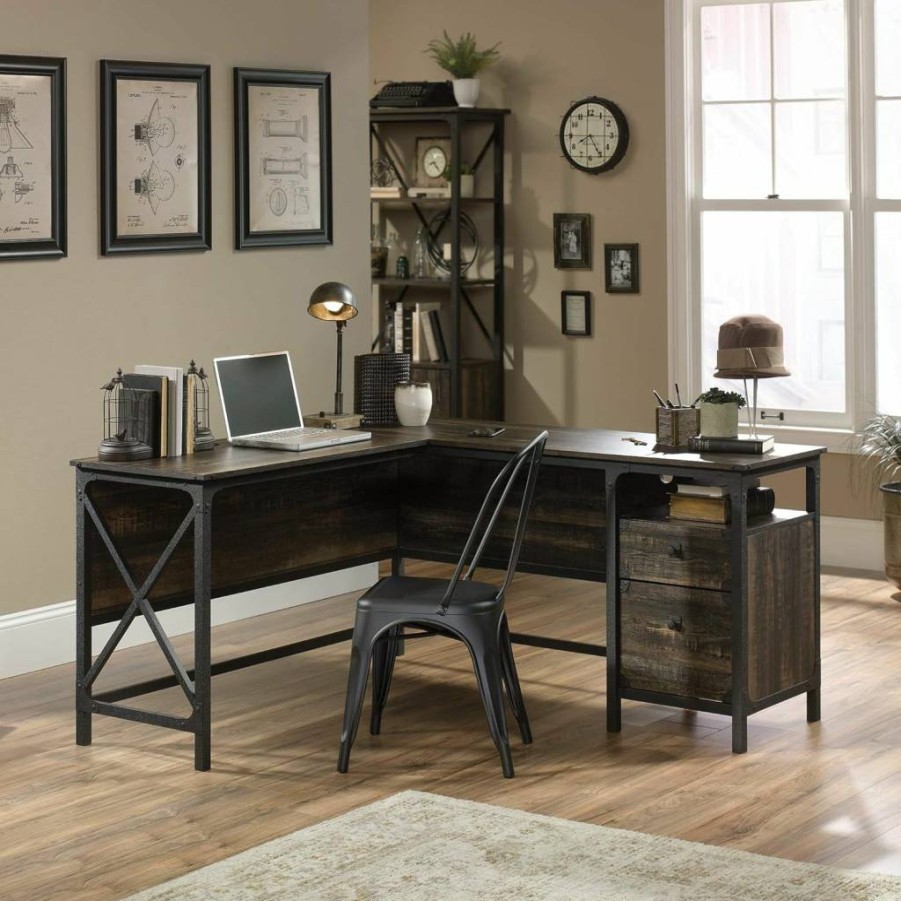 Sauder Carbon Oak Industrial L-Shaped Corner Desk with File Storage | Steel River Collection | Sturdy Workspace Solution