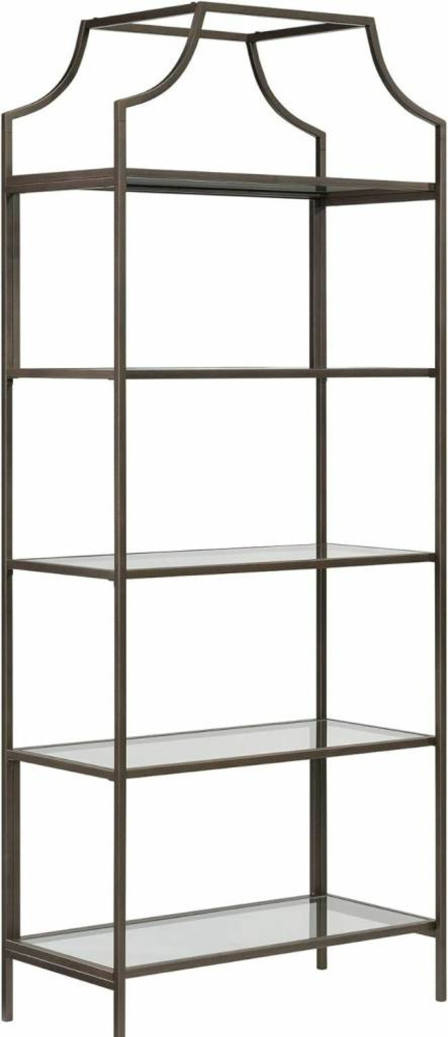 Sauder 5-Tier Modern Bronze Bookcase with Glass Shelves - International Lux Metal Book Shelf for Home & Office Storage
