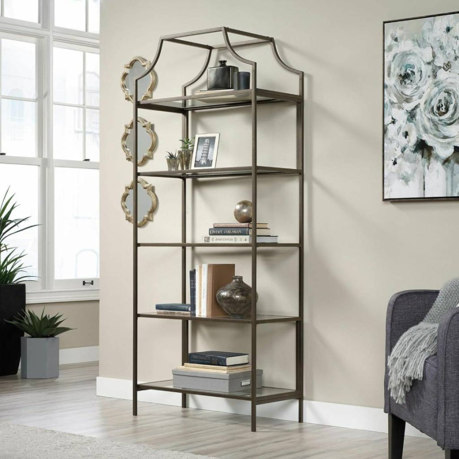 Sauder 5-Tier Modern Bronze Bookcase with Glass Shelves - International Lux Metal Book Shelf for Home & Office Storage