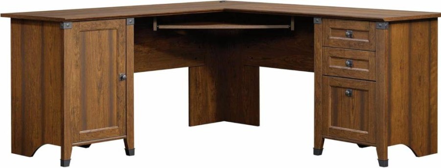 Sauder Carson Forge Rustic Vintage L-Shaped Computer Desk, Washington Cherry Finish, 66.14" Corner Workstation