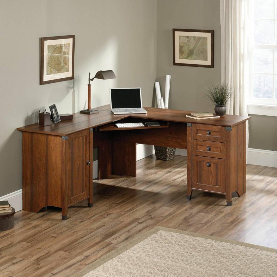 Sauder Carson Forge Rustic Vintage L-Shaped Computer Desk, Washington Cherry Finish, 66.14" Corner Workstation