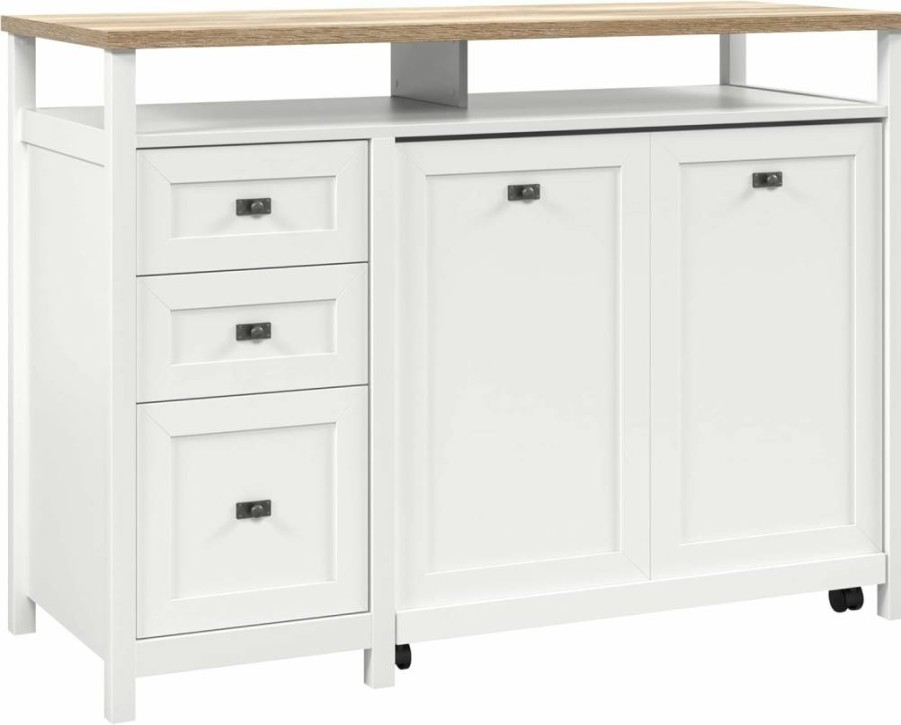 Sauder White Cottage Road Credenza Desk with Storage - Modern Home Office Furniture