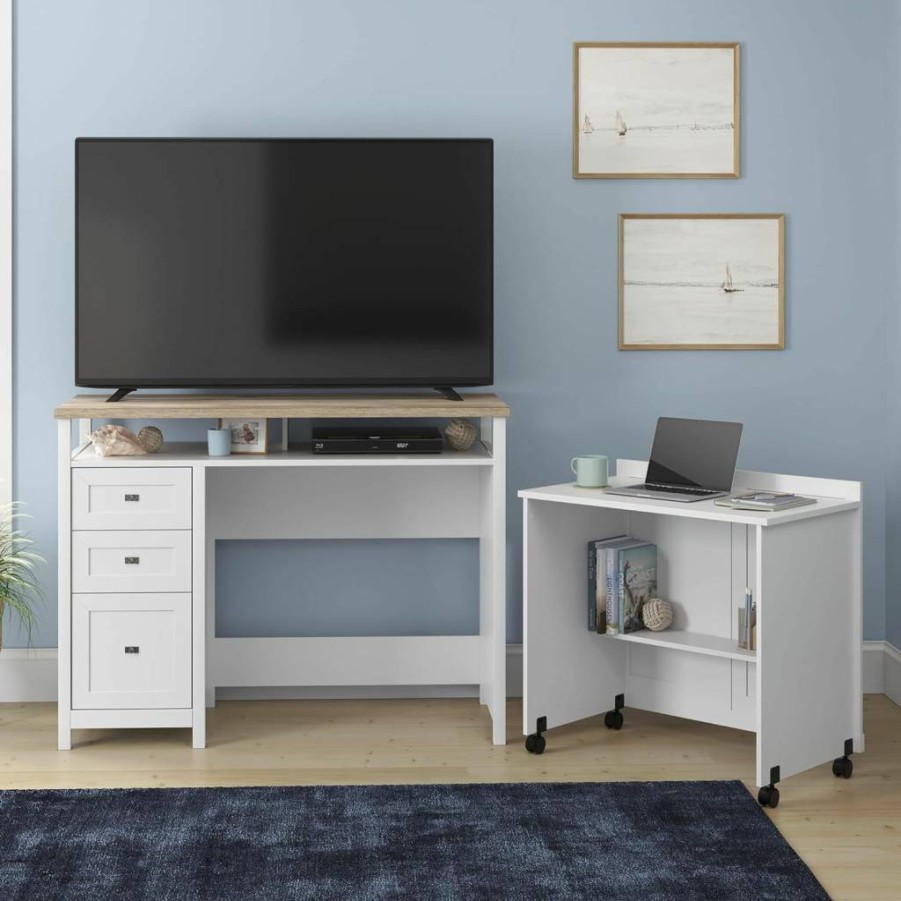 Sauder White Cottage Road Credenza Desk with Storage - Modern Home Office Furniture