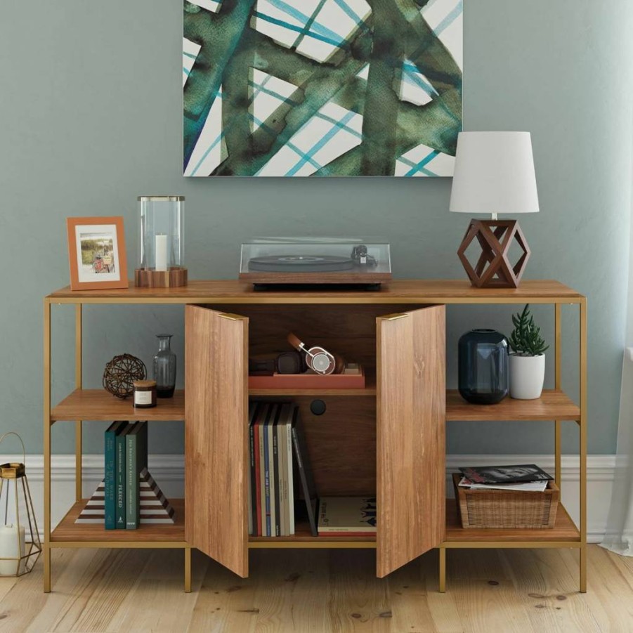 Sauder Lux Modern TV Stand for 65-Inch TVs, Mango Sindoori Finish, International Style Credenza