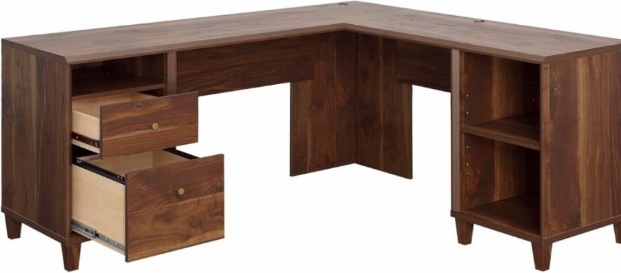 Sauder Willow Place L-Shaped Desk for Home Office, Grand Walnut Finish, Stylish & Spacious Workstation